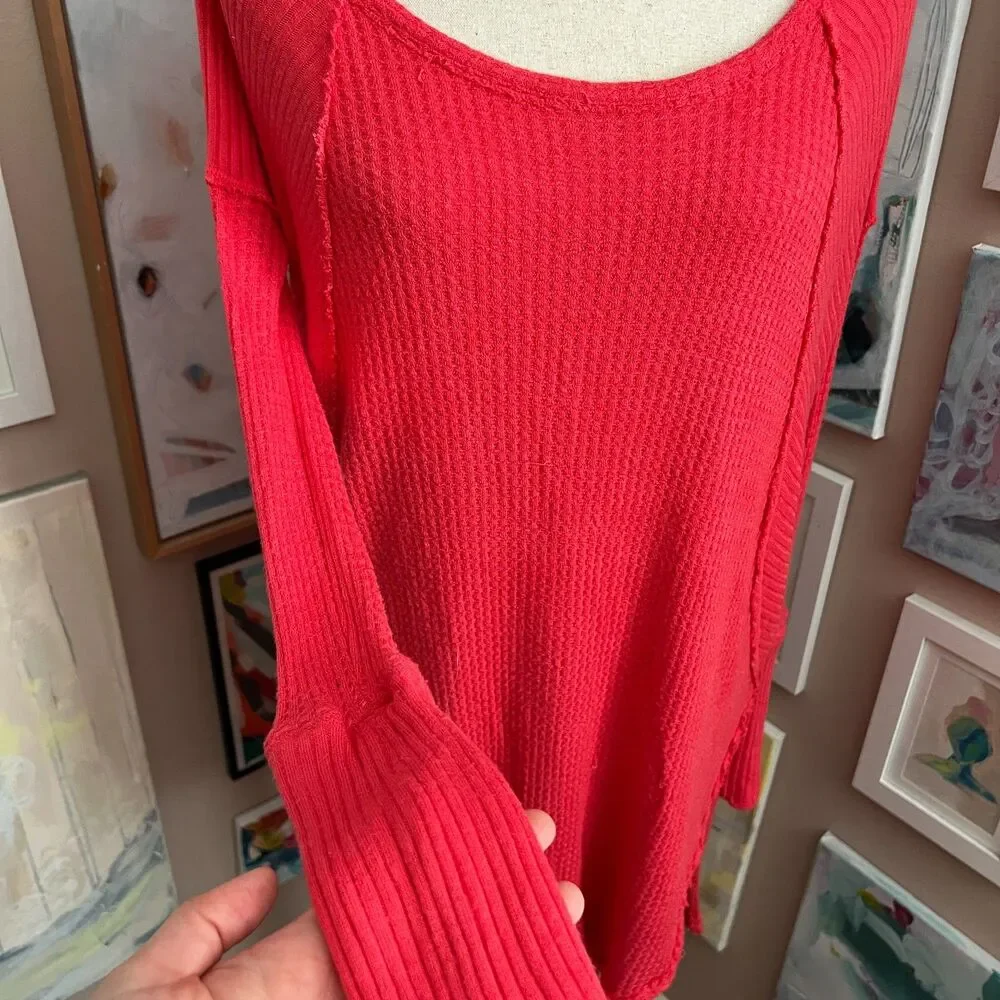 Free People Coral Ribbed Thermal Top‎ Cozy Boho Waffle Knit Oversized Size L